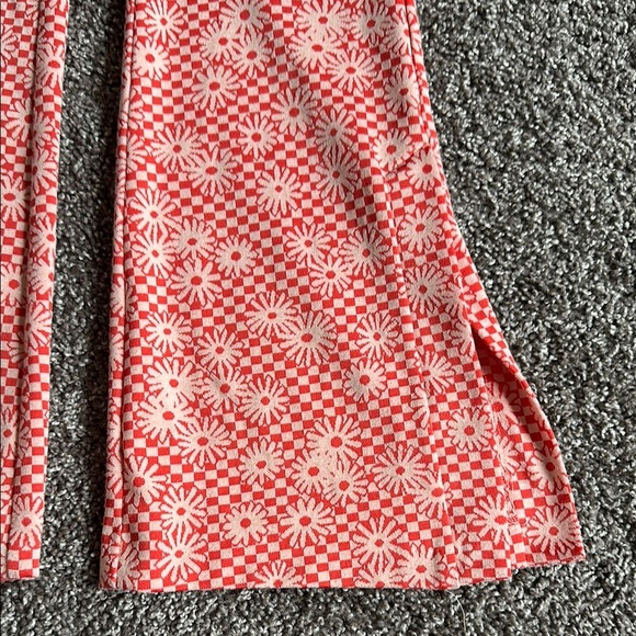 Zara Pastel Red/Coral and Cream Checkered Floral Flare Pants size small - Picture 4 of 10